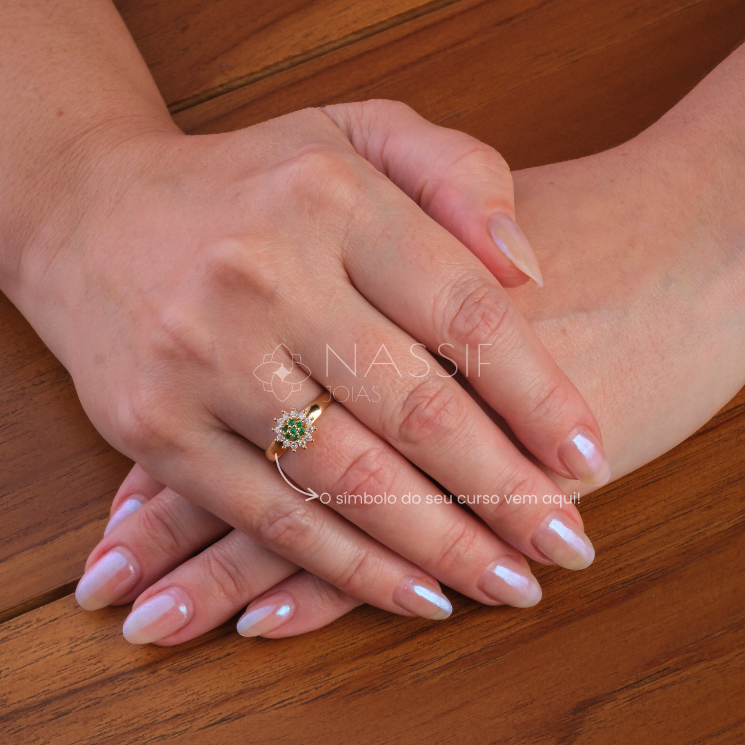 Anel de Formatura de Fisioterapia Flower Ouro 18k