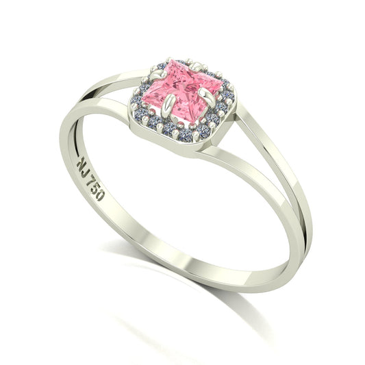 Anel Small Square Turmalina Rosa e Diamantes Naturais Ouro 18k
