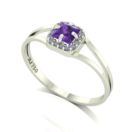 Anel Small Square Ametista e Diamantes Naturais Ouro 18k