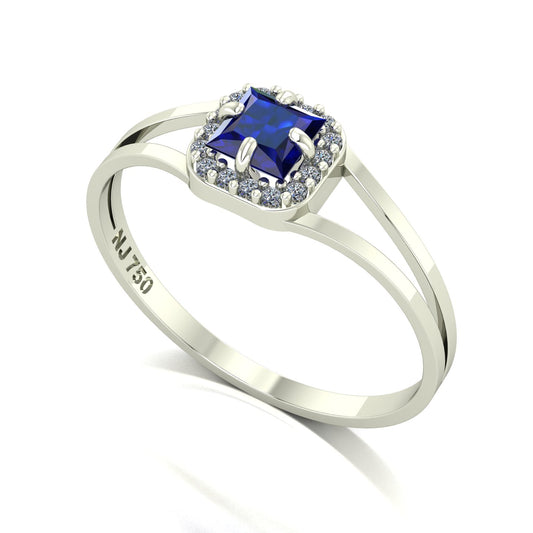 Anel Small Square Safira e Diamantes Naturais Ouro 18k