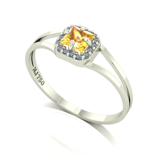 Anel Small Square Citrino e Diamantes Naturais Ouro 18k