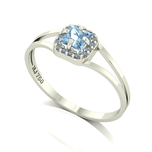 Anel Small Square Água Marinha e Diamantes Naturais Ouro 18k