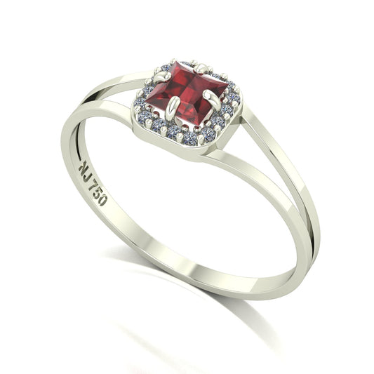 Anel Small Square Granada e Diamantes Naturais Ouro 18k