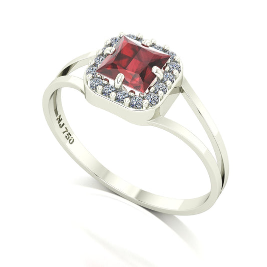 Anel Big Square Granada e Diamantes Naturais Ouro 18k