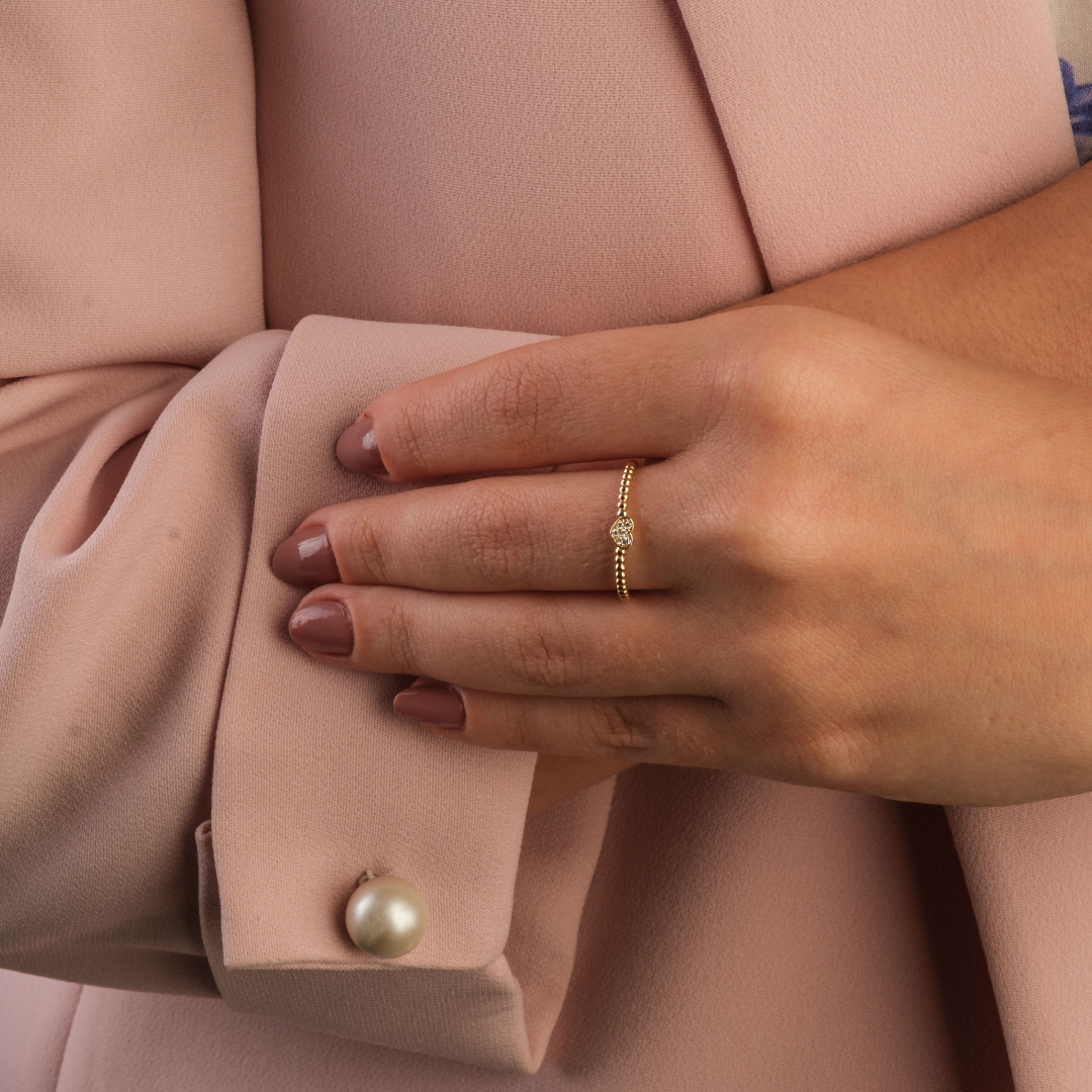 Anel Mini Coração Cravejado e Aro Bolinhas Ouro 18k