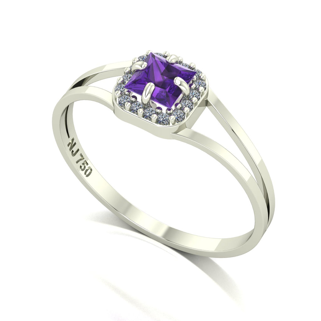 Anel Small Square Ametista e Diamantes Naturais Ouro 18k