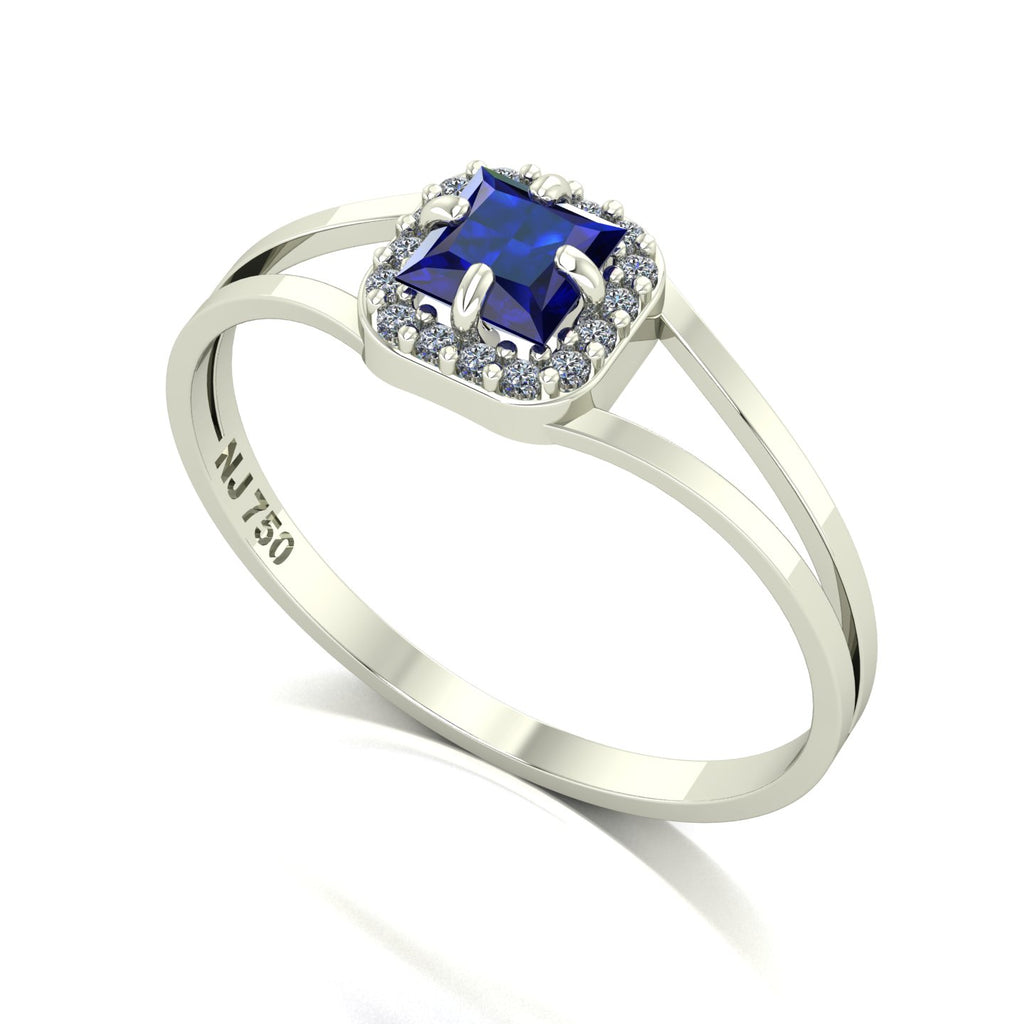 Anel Small Square Safira e Diamantes Naturais Ouro 18k