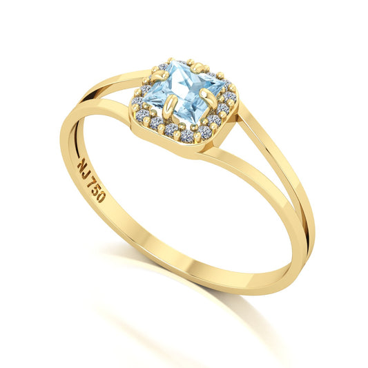Anel Small Square Água Marinha e Diamantes Naturais Ouro 18k
