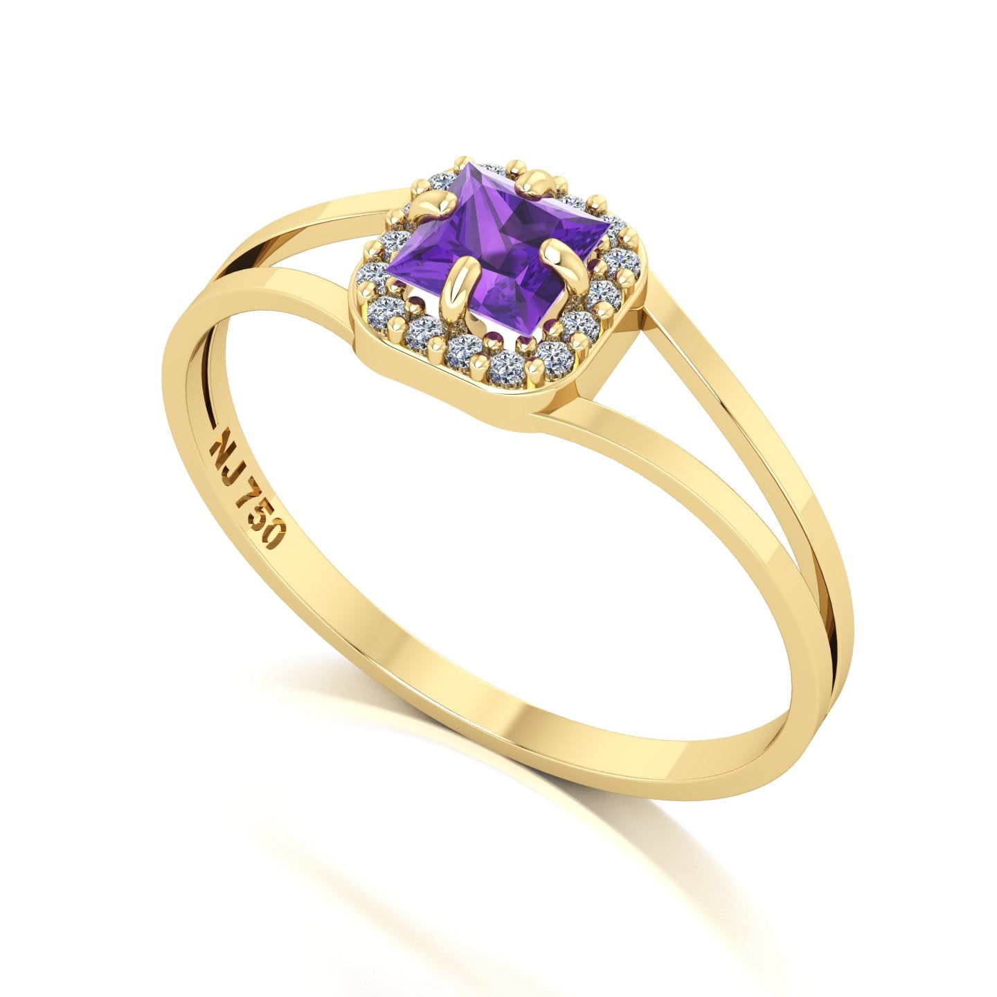 Anel Small Square Ametista e Diamantes Naturais Ouro 18k