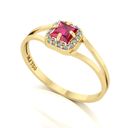 Anel Small Square Rubi e Diamantes Naturais Ouro 18k