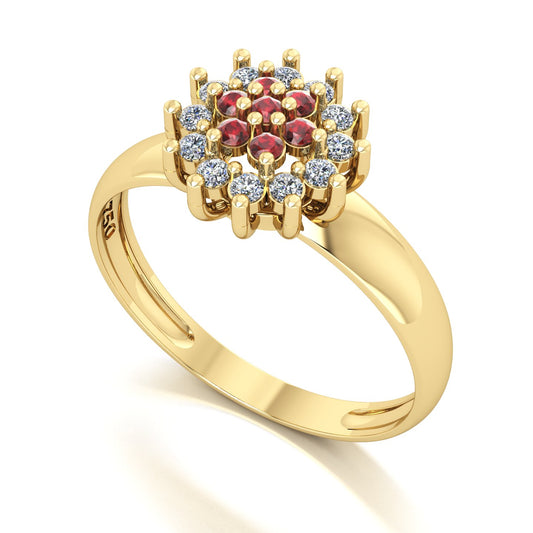 Anel Flower Granada e Diamantes Ouro 18k