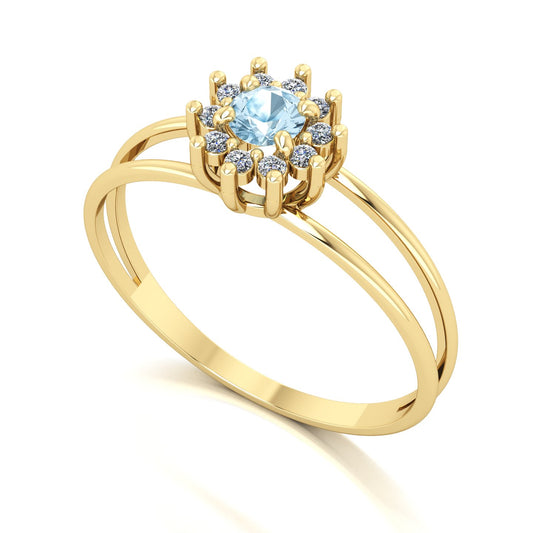 Anel Crown Água Marinha e Diamantes Ouro 18k
