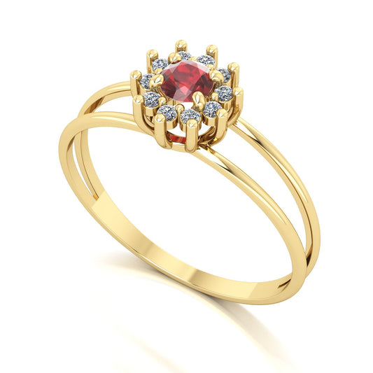 Anel Crown Granada e Diamantes Ouro 18k