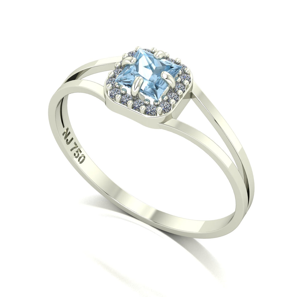 Anel Small Square Água Marinha e Diamantes Naturais Ouro 18k
