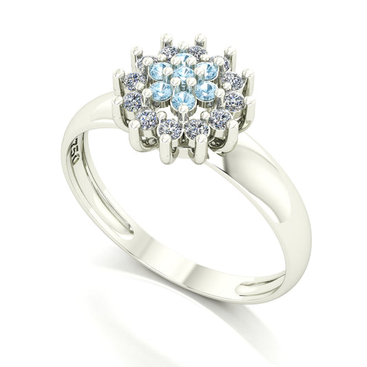 Anel Flower Água Marinha e Diamantes Ouro 18k
