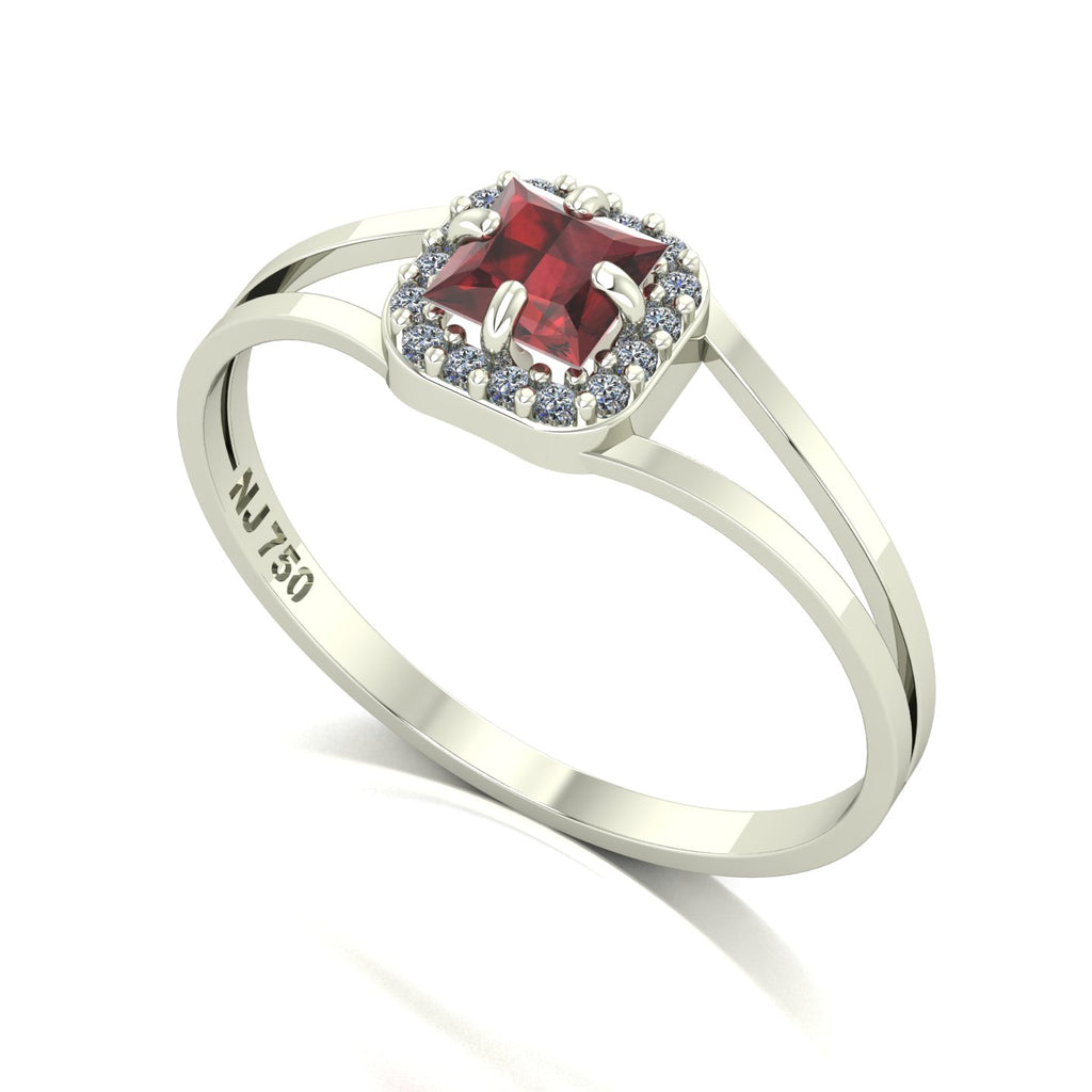 Anel Small Square Granada e Diamantes Naturais Ouro 18k