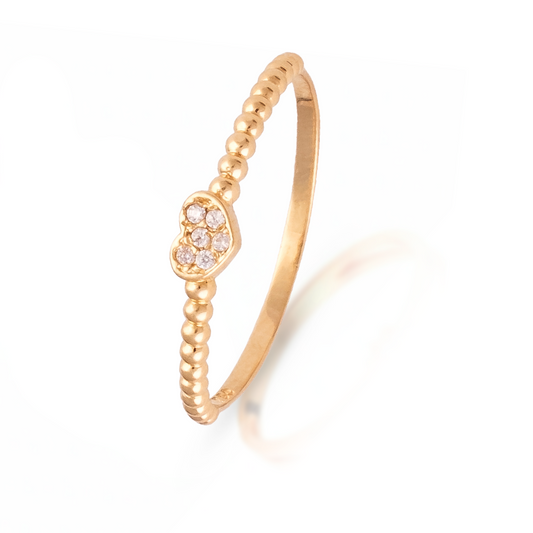 Anel Mini Coração Cravejado e Aro Bolinhas Ouro 18k