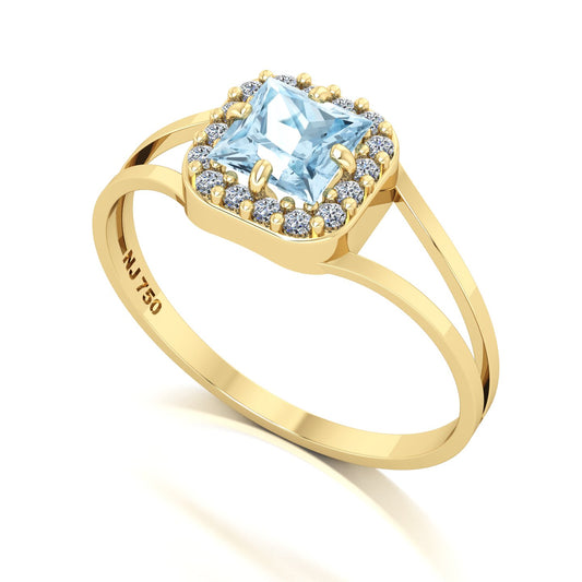 Anel Big Square Água Marinha e Diamantes Naturais Ouro 18k