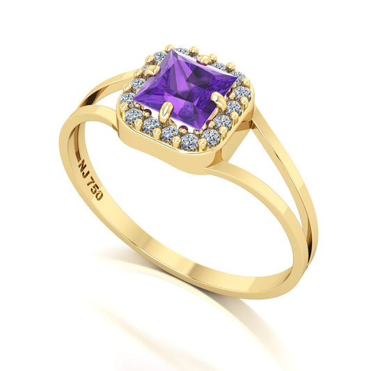 Anel Big Square Ametista e Diamantes Naturais Ouro 18k