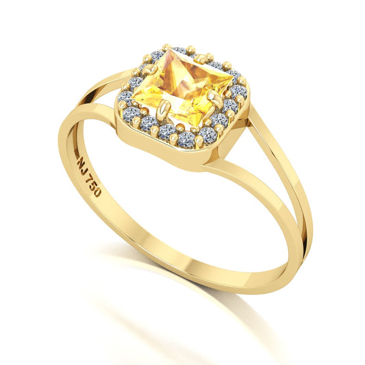 Anel Big Square Citrino e Diamantes Naturais Ouro 18k