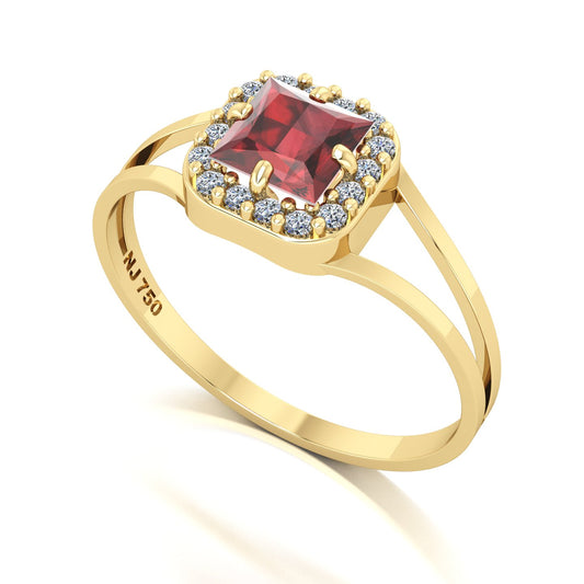 Anel Big Square Granada e Diamantes Naturais Ouro 18k
