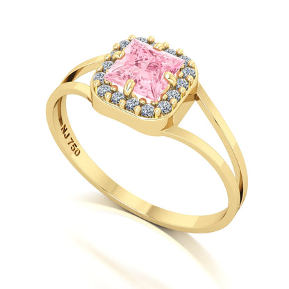 Anel Big Square Turmalina Rosa e Diamantes Naturais Ouro 18k